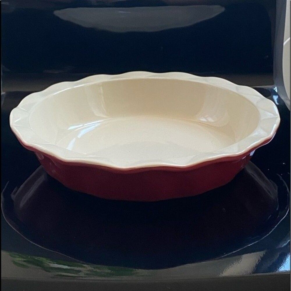 Bialetti Stoneware Deep Dish 9" Pie Plate Oven to Table Red Cream W/ Flu…
